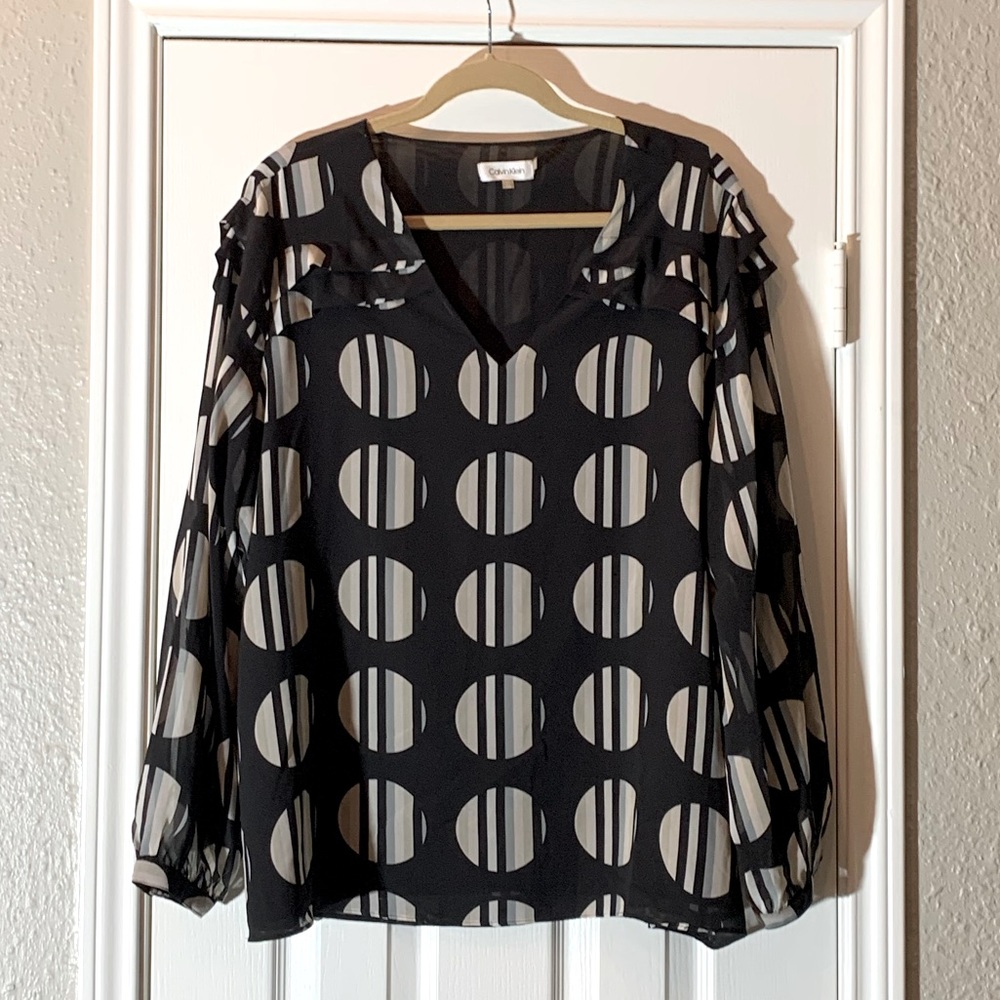 Calvin Klein Black, Tan and Gray Chiffon Blouse